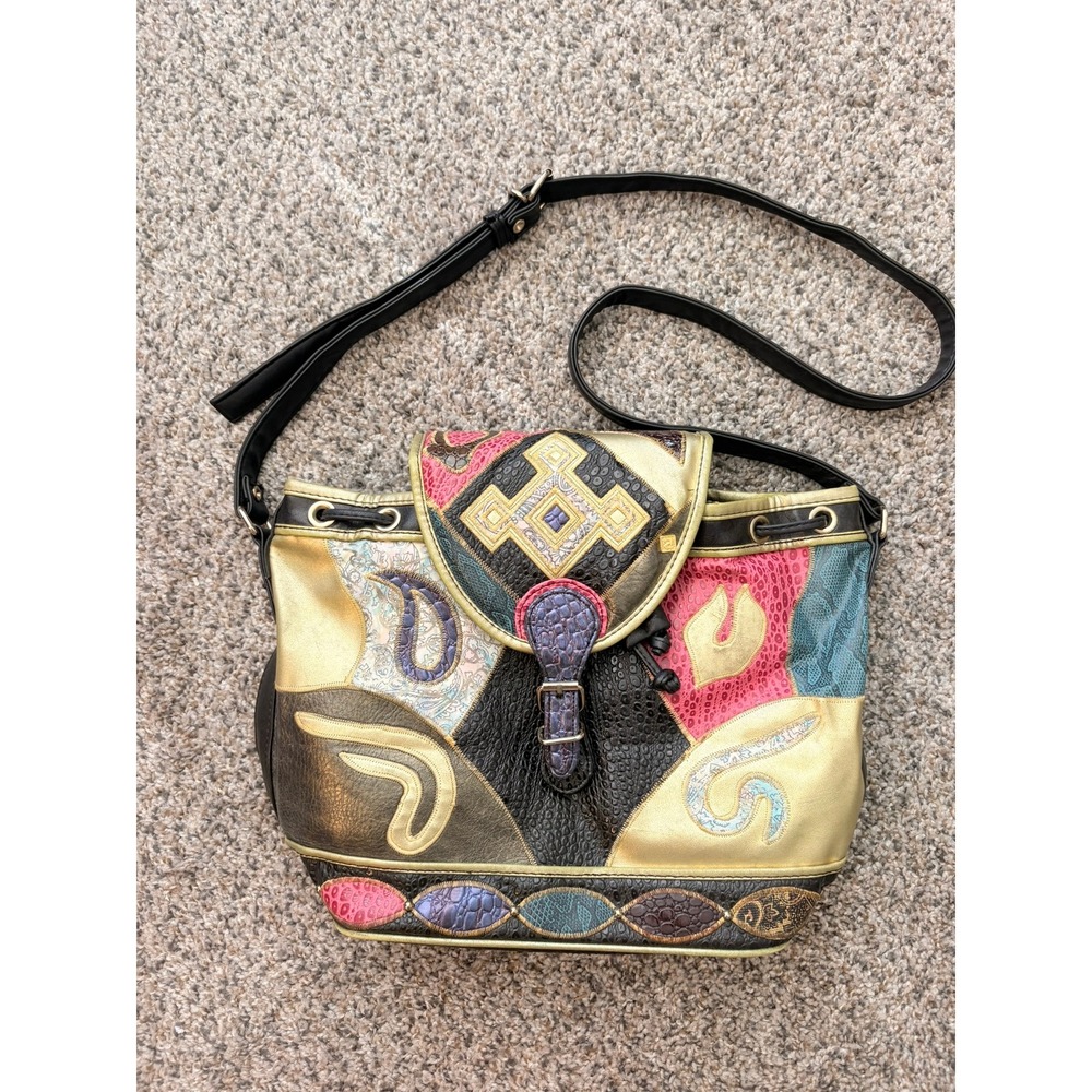 1980s Vintage NAS Bag Leather Patchwork Crossbody Bucket Bag Medium